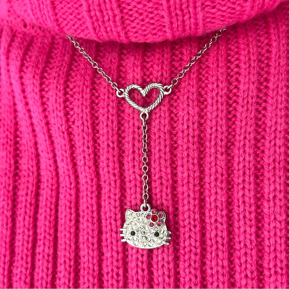 Hello Kitty Silver Tone Heart Y Drop Style Necklace Rhinestones Kawaii Crystal